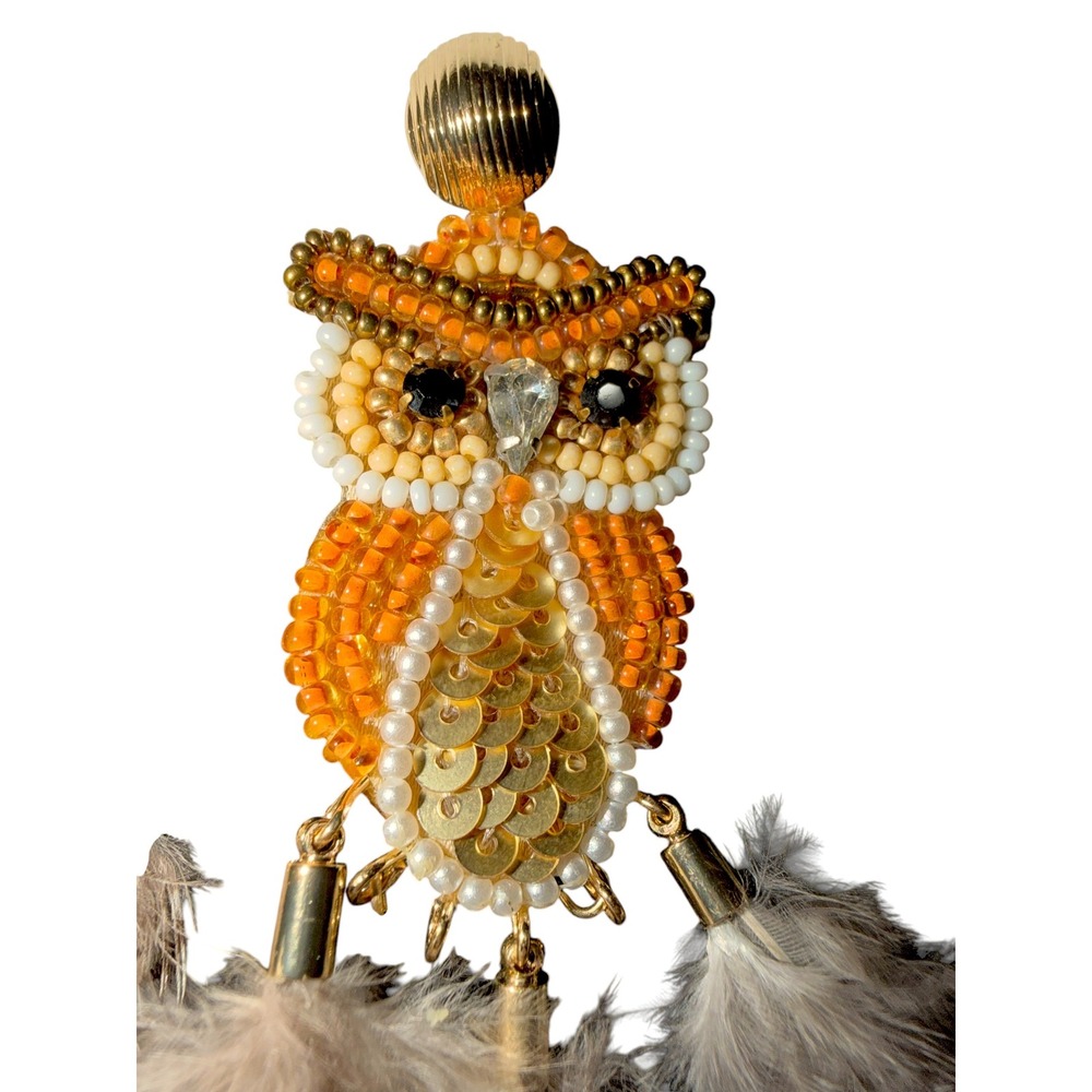 Chico's Birds of a Feather Owl Beaded Feather Dangle Earrings NWT No Droop - Picture 4 of 4